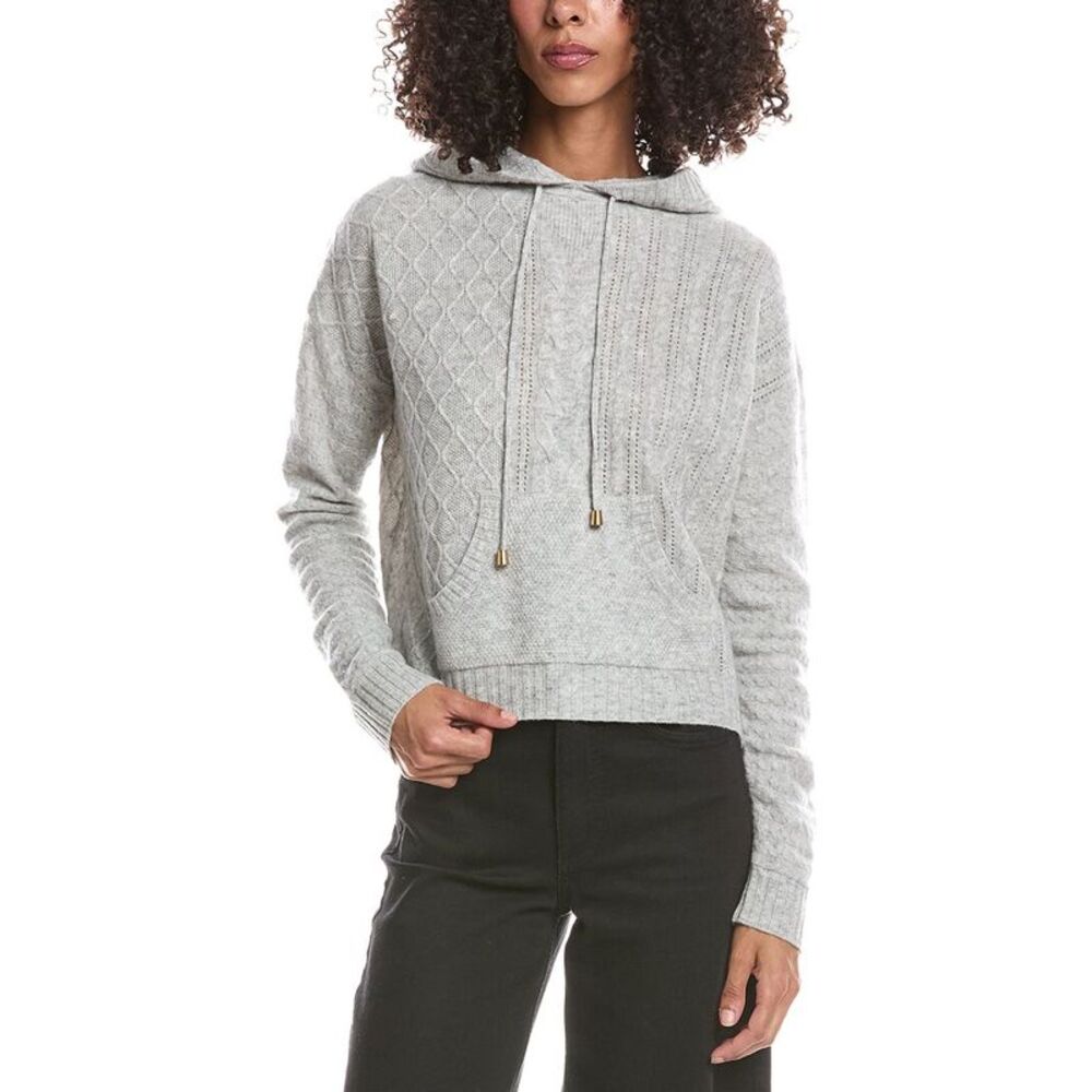 Brodie Cashmere Womens  Luxe Cable 100% Cashmere Hoodie, Grey